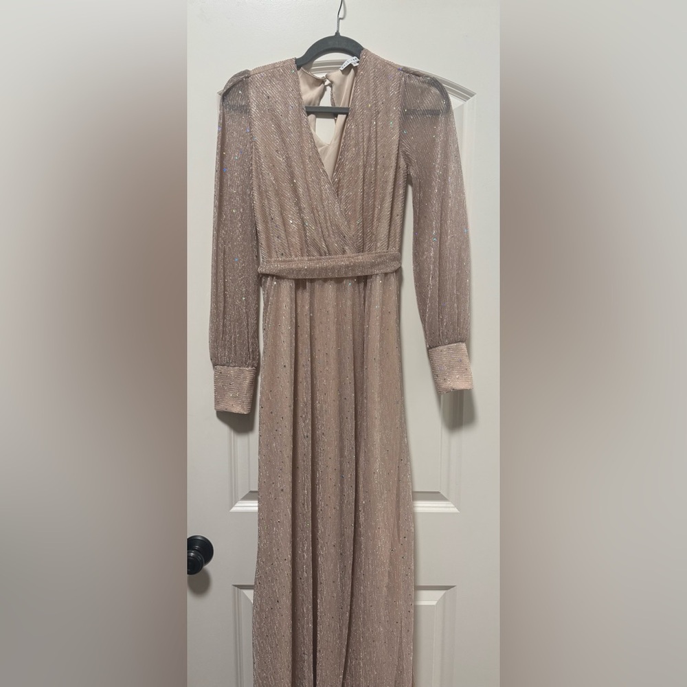 Elegant Abigail Sparkle Maxi Dress - Beige Long Sleeve